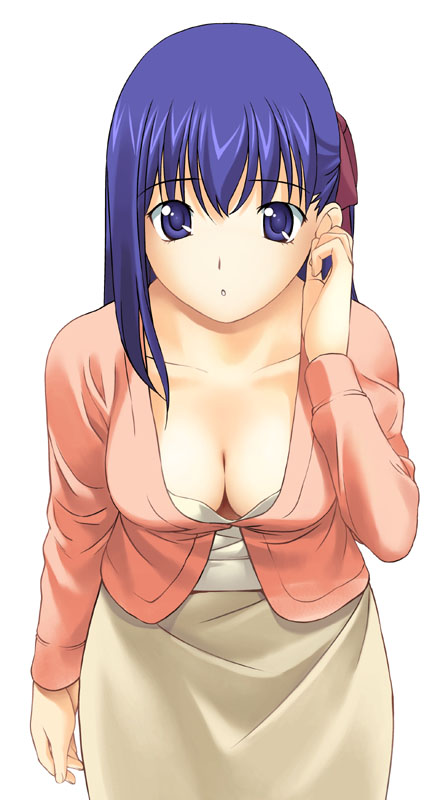 a1 blue_eyes blue_hair breasts cleavage downblouse fate/stay_night fate_(series) long_sleeves matou_sakura medium_breasts ribbon solo