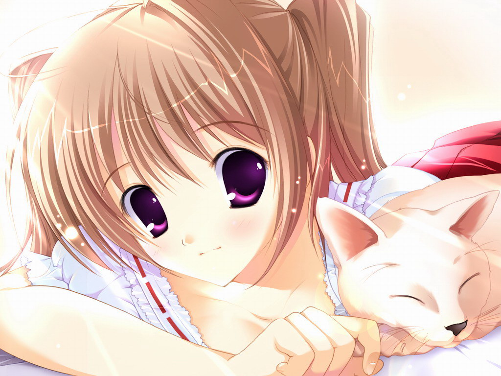 animal blush brown_hair cat collarbone copyright_request hair_intakes mikeou purple_eyes smile solo source_request