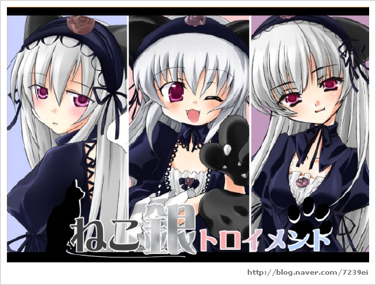 ;d animal_ears artist_request black_dress blush cat_ears collarbone dress fake_animal_ears gloves hairband head_tilt lolita_hairband long_hair long_sleeves looking_at_viewer multiple_views one_eye_closed open_mouth paws pink_eyes ribbon rozen_maiden silver_hair smile suigintou upper_body