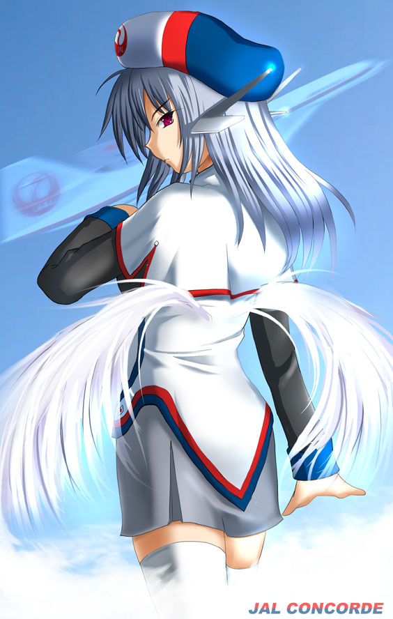 aircraft airplane c-wing flight_airplanes head_wings japan_airlines long_sleeves mascot mecha_musume personification red_eyes silver_hair solo thighhighs wings zettai_ryouiki