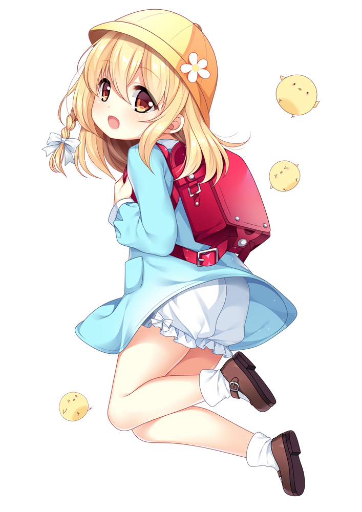 1girl :d animal backpack bag bird blonde_hair bloomers blue_shirt blush bow braid brown_eyes brown_footwear chick commentary_request copyright_request flower hair_bow hat hat_flower long_hair long_sleeves looking_at_viewer looking_to_the_side mary_janes official_art open_mouth randoseru school_bag shirt shoes side_braid simple_background single_braid smile socks solo underwear verjuice white_background white_bloomers white_bow white_flower white_legwear yellow_hat