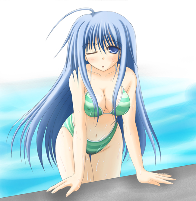 bikini blue_eyes blue_hair breasts cleavage covered_nipples fujinami_haruka green_bikini large_breasts long_hair looking_at_viewer one_eye_closed original solo striped striped_bikini swimsuit very_long_hair wet