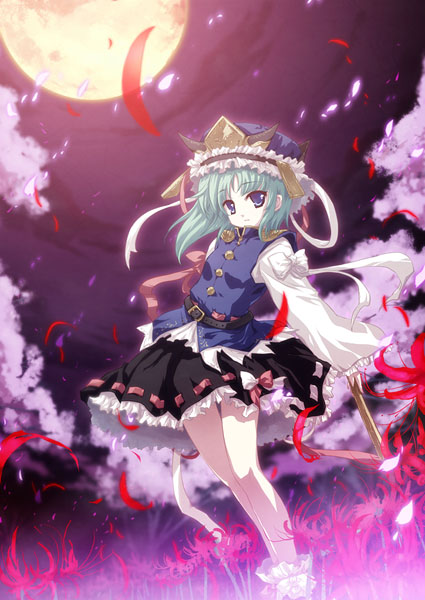 aqua_hair belt blue_eyes bow cherry_blossoms flower hat long_sleeves moon night petals rod_of_remorse shiki_eiki short_hair skirt solo spider_lily tokiame touhou wind