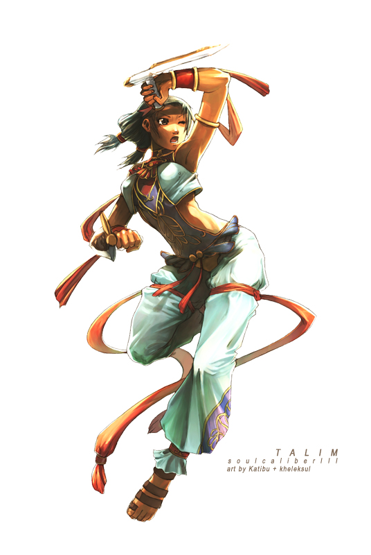dual_wielding fighting_stance holding kheleksul one_eye_closed ribbon sandals solo soulcalibur soulcalibur_iii talim tonfa twintails weapon