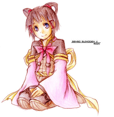 bow character_name copyright_name gensou_suikoden gensou_suikoden_v long_sleeves lowres lyon pink_bow solo