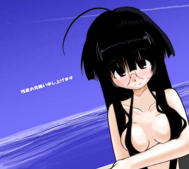 ahoge black_hair breasts excel_(gewalt) glasses nude original red_eyes smile solo