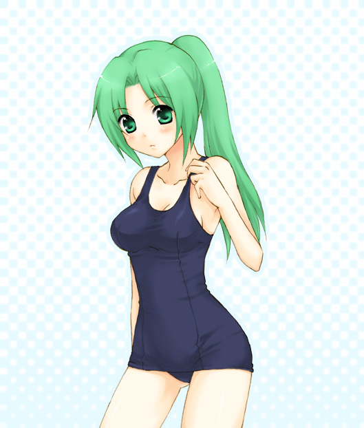 green_hair higurashi_no_naku_koro_ni one-piece_swimsuit school_swimsuit solo sonozaki_mion swimsuit usashiro_mani