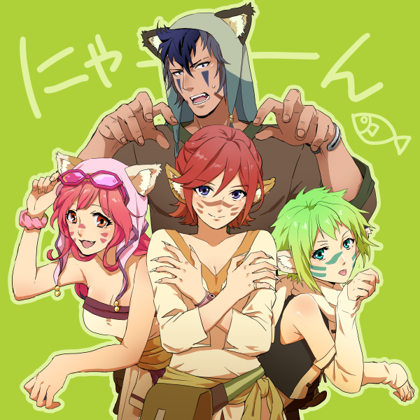 3girls animal_ears bare_shoulders blue_eyes blue_hair breasts cero_(cerocero) cleavage eyewear_on_head facepaint facial_mark fake_animal_ears green_eyes green_hair grey_hair kaname_buccaneer macross macross_delta makina_nakajima messer_ihlefeld multicolored_hair multiple_girls open_mouth pink_hair red_eyes red_hair reina_prowler short_hair sleeveless smile strapless two-tone_hair