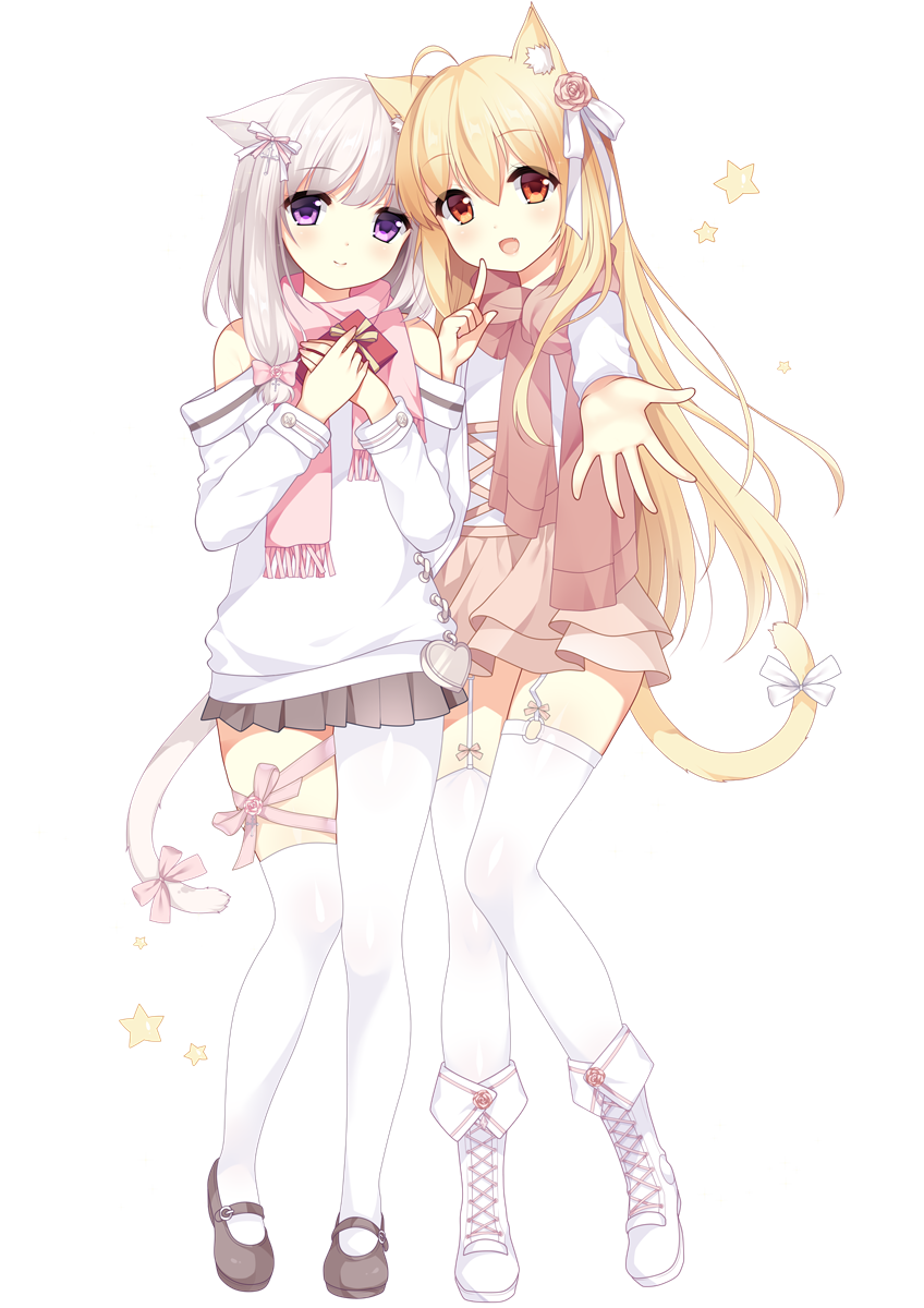 2girls animal_ear_fluff animal_ears asymmetrical_legwear bangs bare_shoulders blonde_hair boots bow brown_footwear brown_scarf brown_skirt cat_ears cat_girl cat_tail commentary_request copyright_request cross-laced_footwear eyebrows_visible_through_hair fringe_trim full_body hair_between_eyes highres lace-up_boots long_hair long_sleeves mary_janes multiple_girls official_art pink_bow pink_scarf pleated_skirt purple_eyes red_eyes scarf shirt shoes silver_hair simple_background single_leg_pantyhose single_thighhigh skirt standing star tail tail_bow thighhighs verjuice very_long_hair white_background white_bow white_footwear white_legwear white_shirt