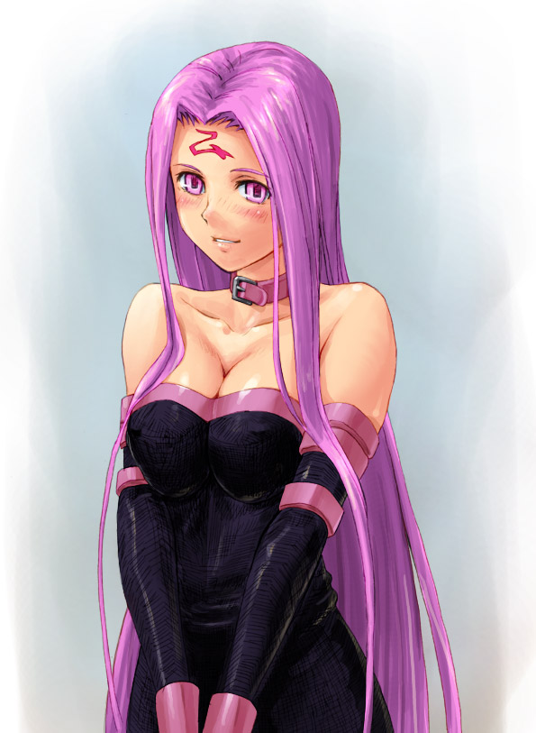 bare_shoulders blush breast_squeeze breasts cleavage collar collarbone detached_sleeves dress fate/stay_night fate_(series) long_hair medium_breasts pink_eyes pink_hair rider smile solo strapless strapless_dress tani v_arms very_long_hair
