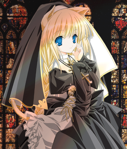 animal_ears artist_request blonde_hair blue_eyes cat_ears church copyright_request cross gothic latin_cross long_hair long_sleeves lowres nun solo