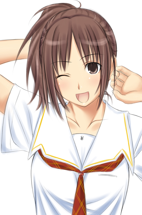 ;d big_wednesday brown_eyes brown_hair collarbone kibina_high_school_uniform kimi_kiss looking_at_viewer one_eye_closed open_mouth ponytail sakino_asuka school_uniform serafuku shirt short_hair short_sleeves simple_background smile solo upper_body white_background white_shirt