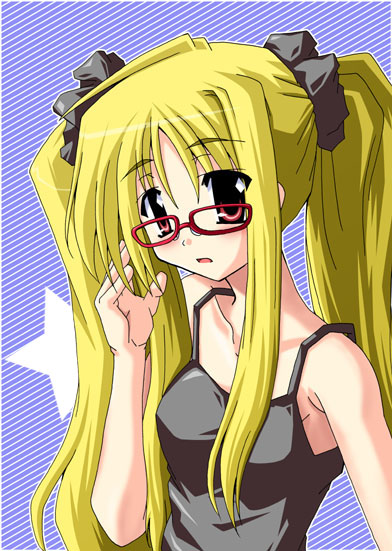 bespectacled blonde_hair fate_testarossa glasses long_hair lyrical_nanoha mahou_shoujo_lyrical_nanoha mister_(black_and_white) red_eyes solo twintails