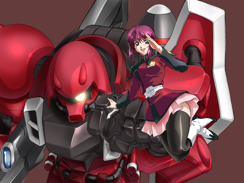 ahoge artist_request belt black_legwear boots floating glowing glowing_eyes gundam gundam_seed gundam_seed_destiny lunamaria_hawke mecha military military_uniform pink_hair purple_eyes salute short_hair skirt smile solo thighhighs turtleneck uniform zaku zaku_warrior_lunamaria_custom