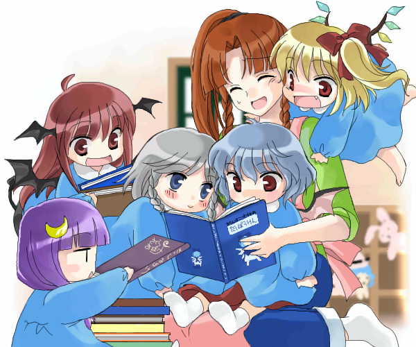 barefoot bat_wings book child cirno coco_(artist) flandre_scarlet head_wings hong_meiling izayoi_sakuya kindergarten koakuma long_sleeves multiple_girls number one_side_up patchouli_knowledge reading remilia_scarlet siblings sisters sitting sitting_on_lap sitting_on_person socks touhou wings younger