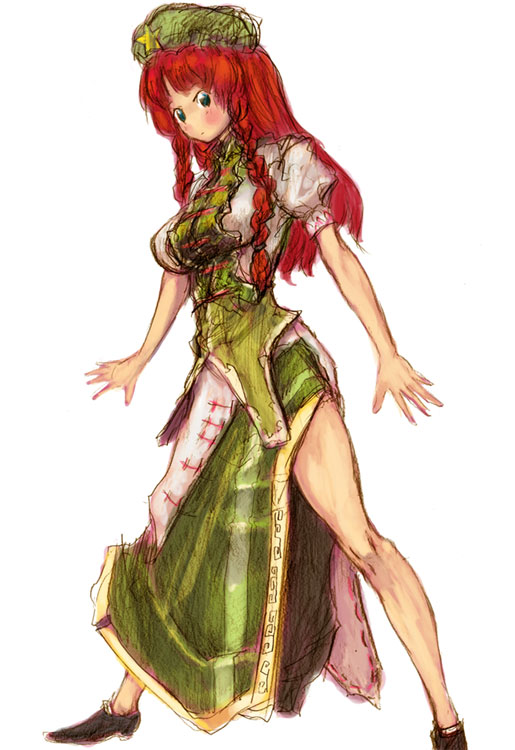 binayu blush braid full_body green_hat hat hong_meiling legs_apart long_hair looking_at_viewer puffy_short_sleeves puffy_sleeves red_hair shoes short_sleeves side_slit simple_background solo standing star thighs touhou twin_braids white_background