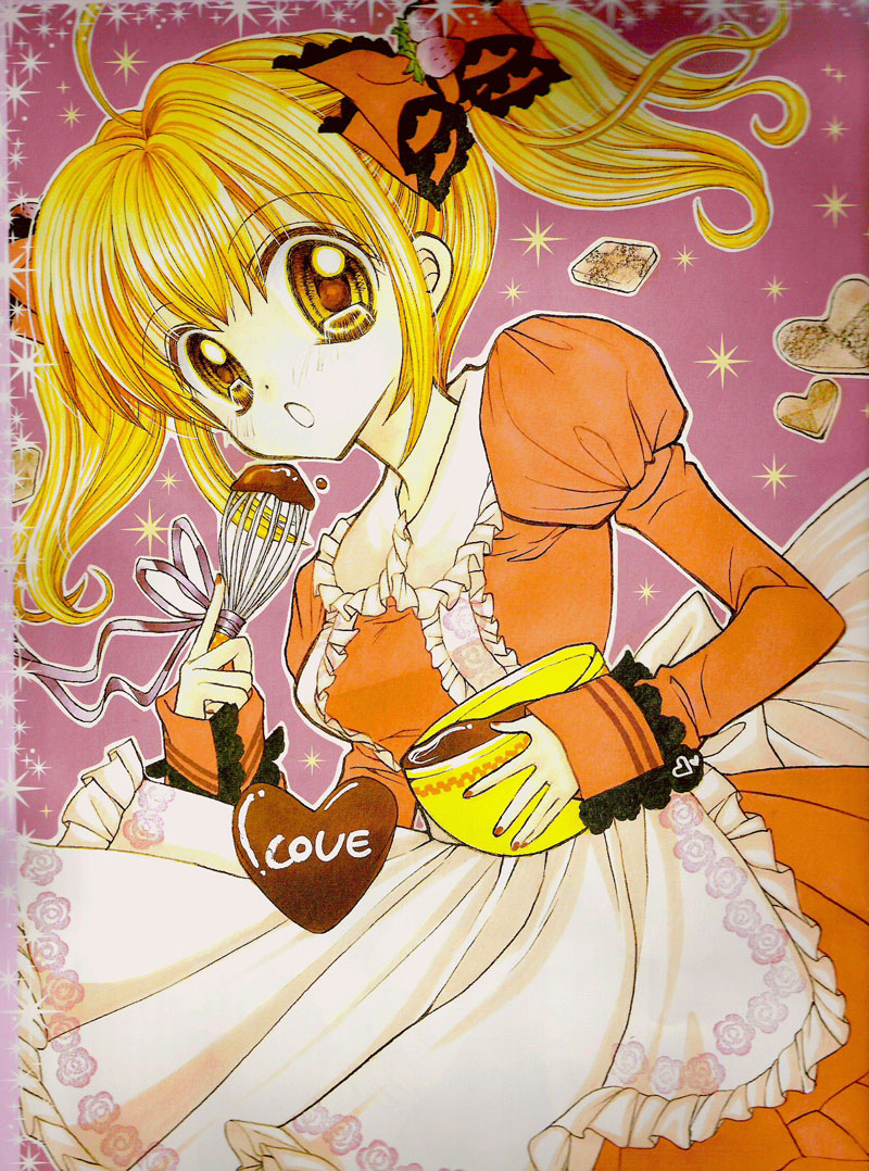 :o ahoge apron baking blonde_hair blush bowl chocolate chocolate_heart dress floral_print food food_themed_clothes frills fruit hair_ornament hair_ribbon hanamori_pink heart lace long_hair long_sleeves mermaid_melody_pichi_pichi_pitch nail_polish nanami_lucia official_art open_mouth orange_dress red_nails ribbon scan short_twintails solo sparkle strawberry surprised twintails valentine whisk yellow_eyes