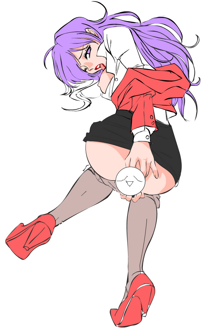 artist_request back-seamed_legwear censored copyright_request from_behind high_heels long_sleeves novelty_censor one_eye_closed pantyhose pantyhose_pull purple_eyes purple_hair seamed_legwear shoes solo white_background