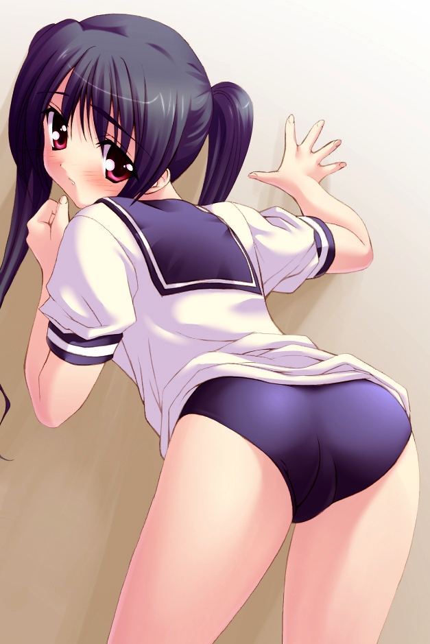ass black_hair blush buruma copyright_request fumio_(ura_fmo) looking_back red_eyes solo twintails