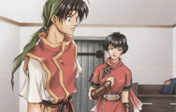 1girl arm_guards artist_request bandana bangs black_eyes black_hair blurry blurry_background book breasts ceiling chinese_clothes clenched_hand closed_mouth door gensou_suikoden gensou_suikoden_i gensou_suikoden_ii half-closed_eyes hand_on_own_chest indoors kasumi_(suikoden) looking_at_another looking_back medium_breasts parted_lips sash short_hair short_sleeves tir_mcdohl turban upper_body wall wooden_door