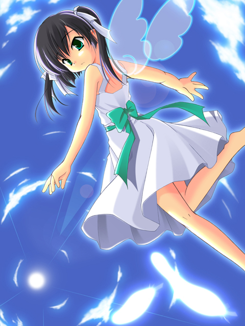 black_hair dress hair_ribbon original ribbon saotome_ryuuichi short_hair solo twintails wings