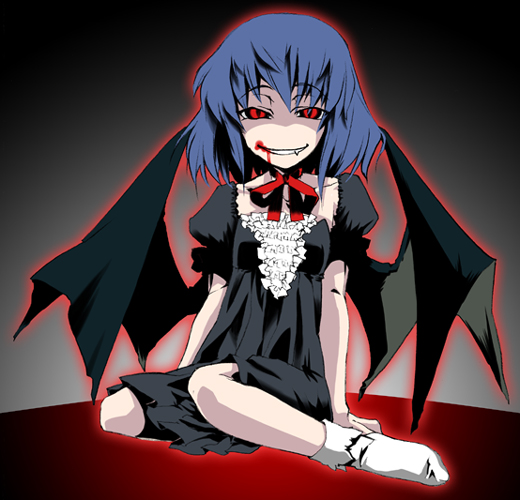 bat_wings blood blood_on_face fangs gengorou gothic grin red_eyes remilia_scarlet smile socks solo touhou vampire wings