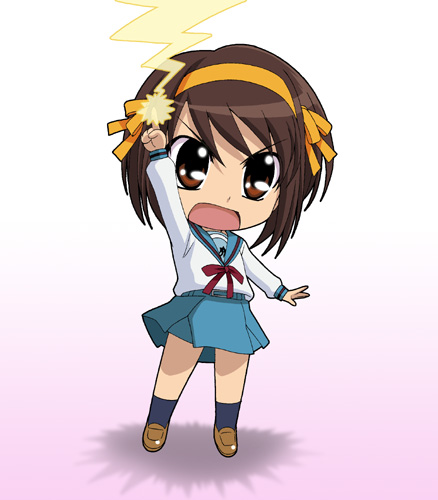 blue_sailor_collar brown_hair chibi isse kita_high_school_uniform long_sleeves lowres sailor_collar school_uniform serafuku short_hair solo suzumiya_haruhi suzumiya_haruhi_no_yuuutsu