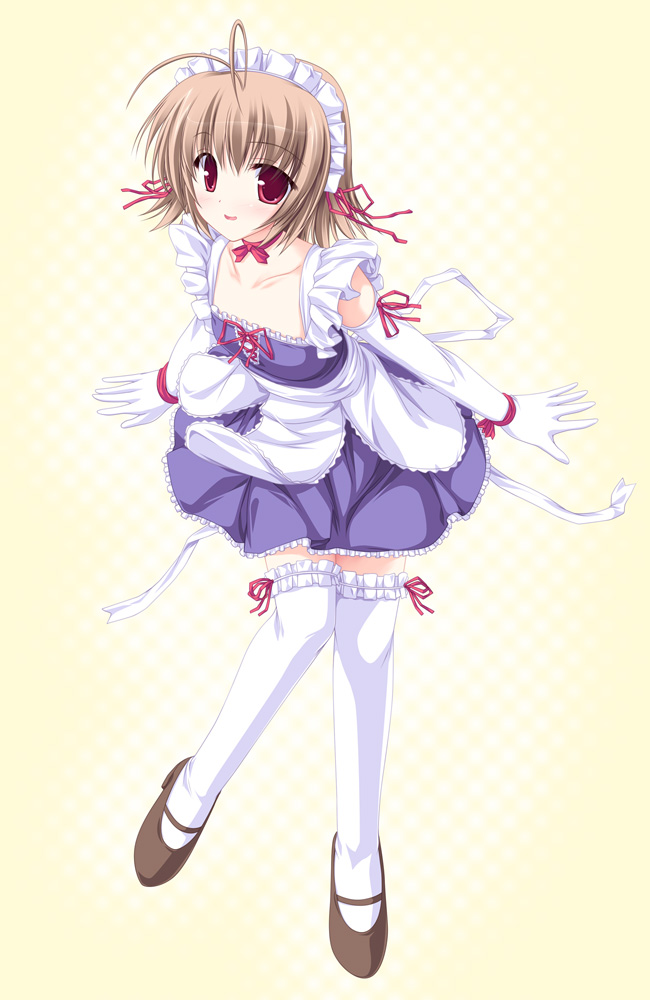 antenna_hair bangs blush brown_footwear brown_hair choker collarbone dress elbow_gloves frilled_legwear full_body gloves knees_together_feet_apart light_brown_hair looking_at_viewer maid maid_headdress original purple_dress red_eyes shoes simple_background solo standing standing_on_one_leg tenmaso thighhighs white_gloves white_legwear yellow_background zettai_ryouiki