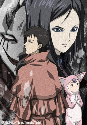 2girls angry animal_costume black_hair blue_eyes blush bunny_costume ergo_proxy ergo_proxy_(character) eyeshadow green_eyes lowres makeup midori_(searchlight) multiple_girls pino_(ergo_proxy) purple_hair re-l_mayer vincent_law