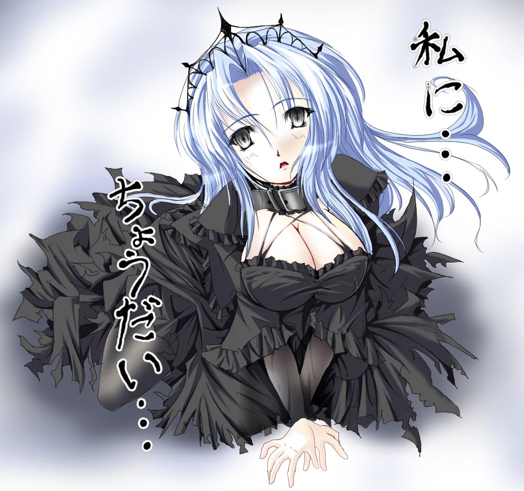 artist_request black_eyes black_legwear blue_hair breasts cleavage collar copyright_request crown dress gothic kneeling large_breasts long_hair open_mouth pantyhose solo translation_request