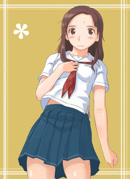 arm_at_side blue_skirt blush breast_pocket breasts brown_eyes brown_hair clenched_hand collarbone cowboy_shot flower_(symbol) forehead from_below hand_on_own_chest imo_works kawada_tomoko kibina_high_school_uniform kimi_kiss long_hair midriff_peek neckerchief plaid_neckwear pleated_skirt pocket red_neckwear school_uniform serafuku shiny shiny_skin short_sleeves skirt small_breasts solo tan_background
