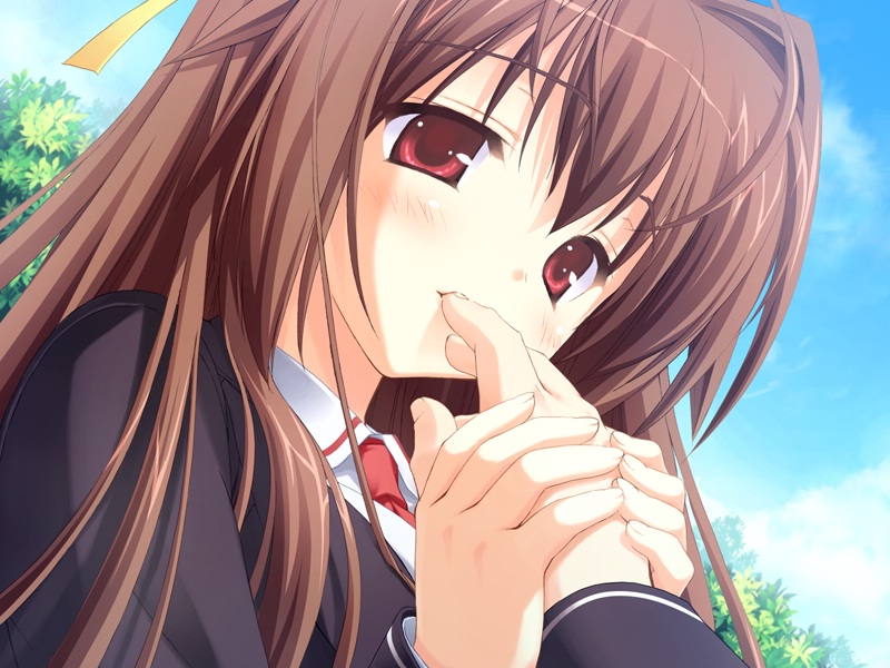 blush bra-ban! brown_hair finger_sucking game_cg hands holding_hands kobuichi long_hair long_sleeves nakanoshima_tae out_of_frame pov pov_hands red_eyes school_uniform solo_focus