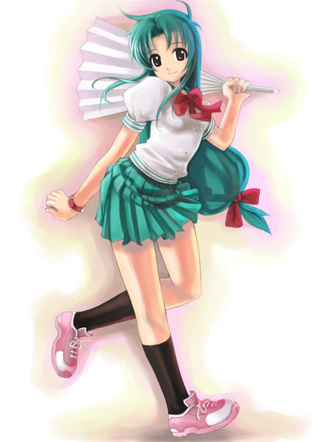 brown_eyes chidori_kaname fan full_metal_panic! green_hair harisen jindai_high_school_uniform leg_lift long_hair low-tied_long_hair mikazuki_akira! school_uniform shoes skirt smile sneakers socks solo