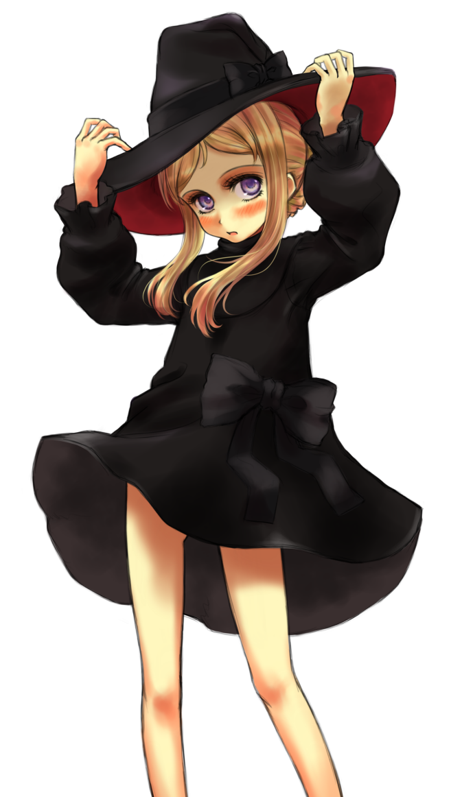 blonde_hair bow dress dress_lift ema_(shirotsume_souwa) hat orihiro purple_eyes shirotsume_souwa sidelocks solo wind wind_lift