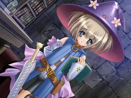 belt blonde_hair book bow cross flower hat lowres ribbon scabbard sheath sword weapon witch witch_hat