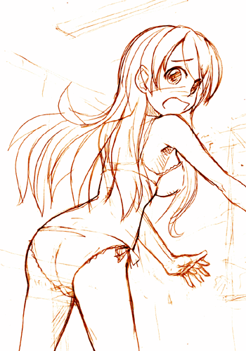 :o armpits asahina_mikuru ass back bangs blush bra breasts cameltoe embarrassed from_behind indoors lace lace-trimmed_bra lace-trimmed_panties leaning_forward lingerie long_hair looking_at_viewer looking_back lowres medium_breasts monochrome nanakorobi open_mouth outstretched_arms panties parted_bangs side-tie_panties sideboob sketch solo standing suzumiya_haruhi_no_yuuutsu underwear underwear_only