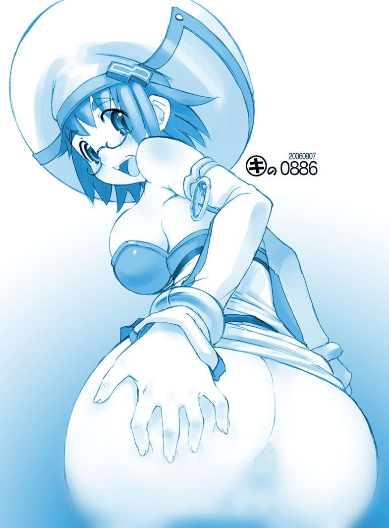 ass ass_grab blue blush bottomless breasts cuoretti detached_sleeves eyebrows_visible_through_hair glasses grabbing_own_ass gradient gradient_background hand_on_ass hat kei_jiei large_breasts looking_back monochrome open_mouth original short_hair solo upper_teeth