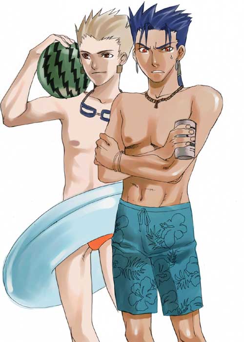 artist_request chest crossed_arms drink earrings fate/stay_night fate_(series) food fruit gilgamesh goggles groin holding holding_food holding_fruit innertube jewelry lancer male_focus male_swimwear multiple_boys necklace shirtless simple_background spiked_hair sweatdrop swim_briefs swim_trunks swimwear watermelon white_background