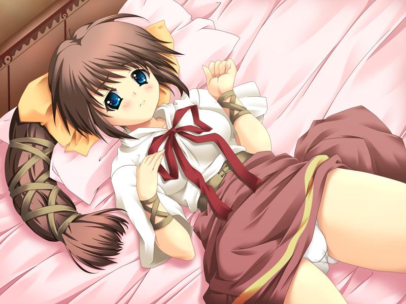 artist_request bed blue_eyes blush brown_hair game_cg hair_ribbon long_hair looking_at_viewer lovelaby lying neck_ribbon on_back on_bed panties rebecca_holdey ribbon skirt solo twintails underwear very_long_hair wide_sleeves