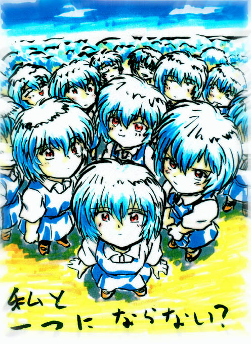 artist_request ayanami_rei blue_hair chibi clone frown multiple_girls neon_genesis_evangelion red_eyes school_uniform smile