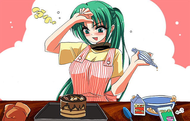 apron cake cooking cream food fujitaka_(akasora) gloves green_eyes green_hair higurashi_no_naku_koro_ni long_hair open_mouth pastry_bag ponytail solo sonozaki_mion wiping_forehead
