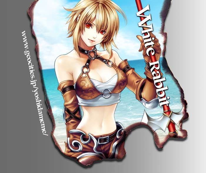 armor bangs bare_shoulders beach belt breasts brown_hair cleavage cloud crop_top day elbow_gloves gloves hair_between_eyes halterneck head_tilt lipstick looking_at_viewer magic_lancer_(red_stone) makeup medium_breasts midriff navel official_art outdoors polearm red_eyes red_stone short_hair sidelocks sitting sky smile solo spear water weapon yuki_hayabusa