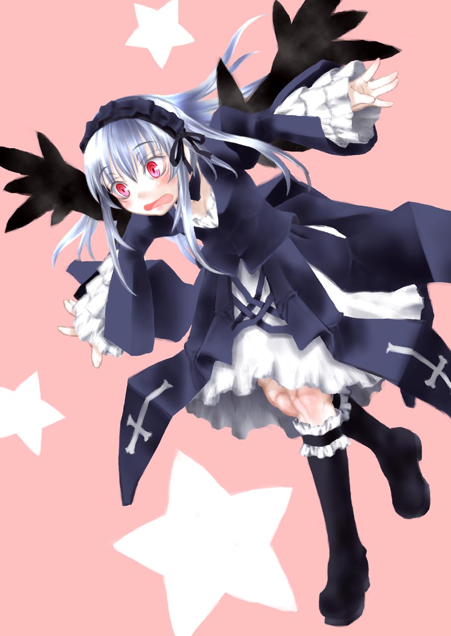 :o black_dress black_wings boots dress frilled_sleeves frills full_body hairband highres kakashichi knee_boots knees leg_garter lolita_hairband long_hair long_sleeves open_mouth pink_background pink_hair rozen_maiden silver_hair simple_background solo star suigintou tripping very_long_hair wavy_mouth wings