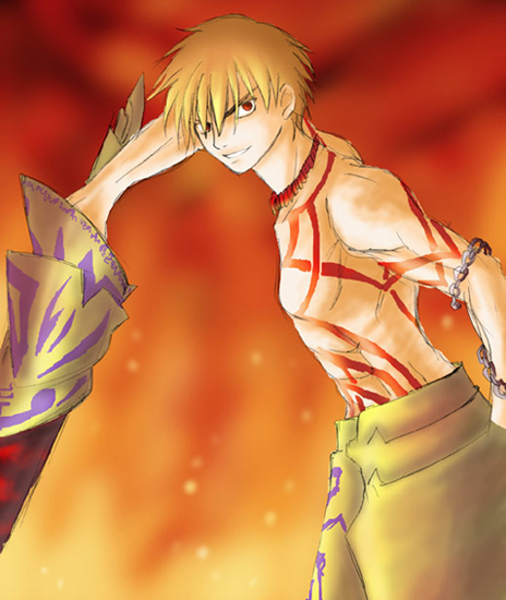 artist_request blonde_hair drill fate/stay_night fate_(series) gilgamesh male_focus orange_background red_eyes shirtless smug solo tattoo