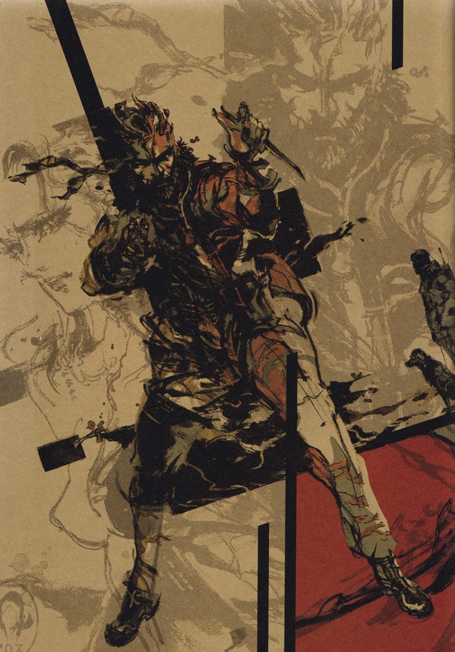 beard breasts brown closed_mouth dagger facial_hair full_body gloves headband holding holding_weapon lips looking_at_viewer male_focus medium_breasts metal_gear_(series) metal_gear_solid_3 military military_uniform multiple_views naked_snake nipples shinkawa_youji shirtless shoes sketch standing tsurime uniform weapon