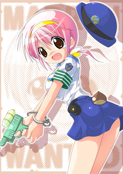 artist_request copyright_request hat pink_hair police ribbon solo water_gun