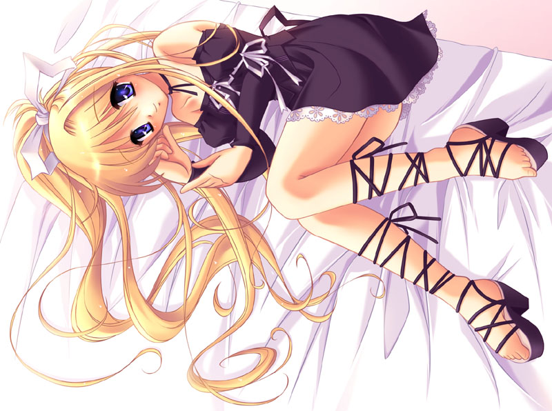 air artist_request bare_shoulders black_dress blonde_hair blue_eyes choker cross-laced_footwear dress fetal_position full_body hair_ribbon kamio_misuzu long_hair long_sleeves lying no_legwear off-shoulder_dress off_shoulder on_side plantar_flexion ribbon solo thighs very_long_hair