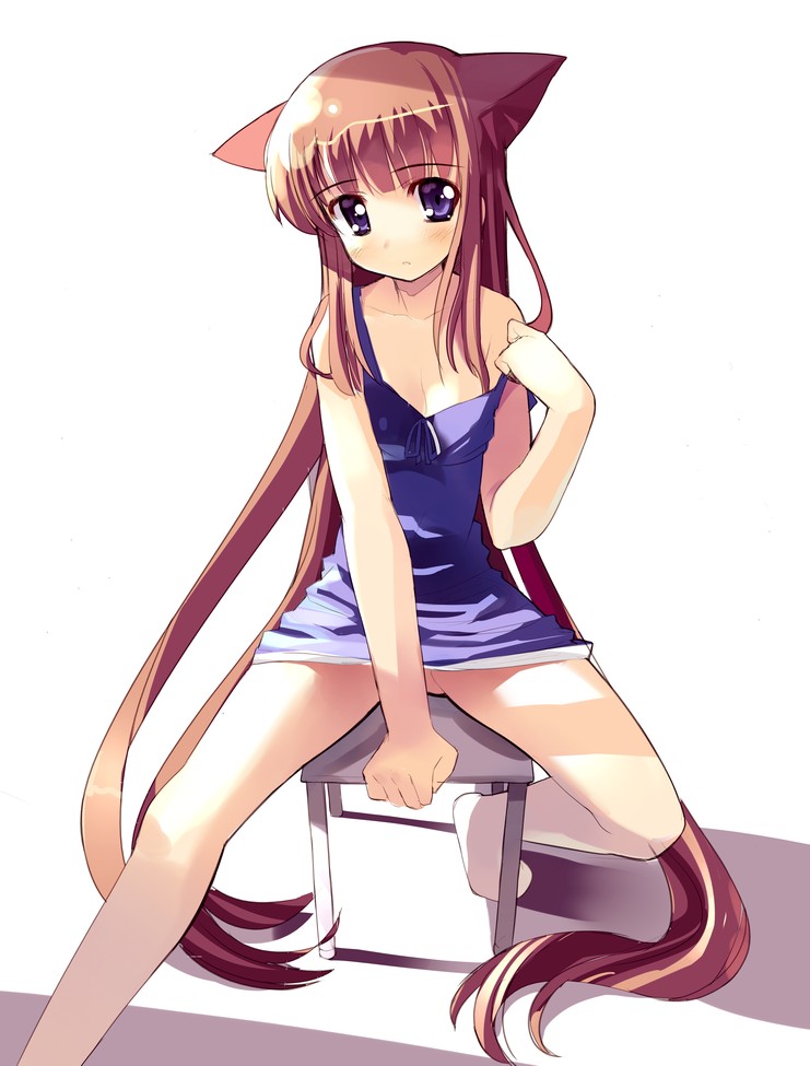 animal_ears blue_dress blue_eyes blush breasts cat_ears chair convenient_arm dress eyebrows_visible_through_hair long_hair no_panties original sikorsky simple_background sitting small_breasts solo strap_pull strap_slip very_long_hair white_background