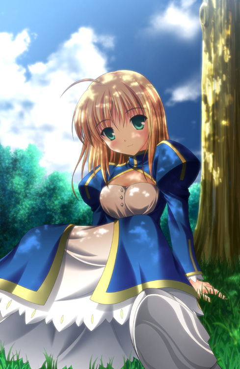 ahoge artoria_pendragon_(all) blonde_hair blue_dress blue_sky blush cloud dappled_sunlight day dress fate/stay_night fate_(series) green_eyes juliet_sleeves long_sleeves looking_at_viewer outdoors plant puffy_sleeves saber short_hair sitting sky smile solo sunlight tree tsuda_akira under_tree