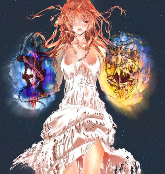angel artist_request copyright_request dress floating_hair jpeg_artifacts long_hair red_hair resized scales sky solo space star_(sky) starry_sky